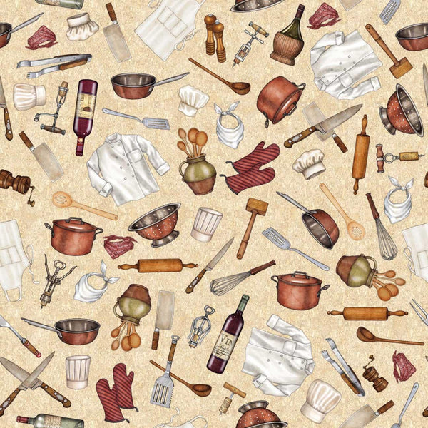 Sizzle & Spice by QT Fabrics, Tossed Chef Tools on Tan