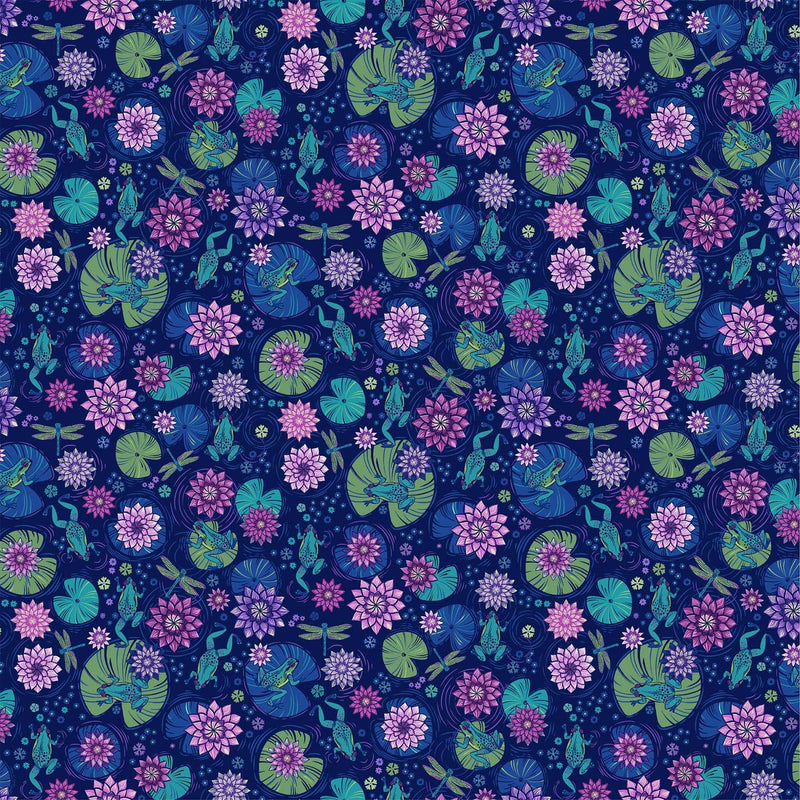 Waters Edge, Tossed Floral with Frogs, Navy